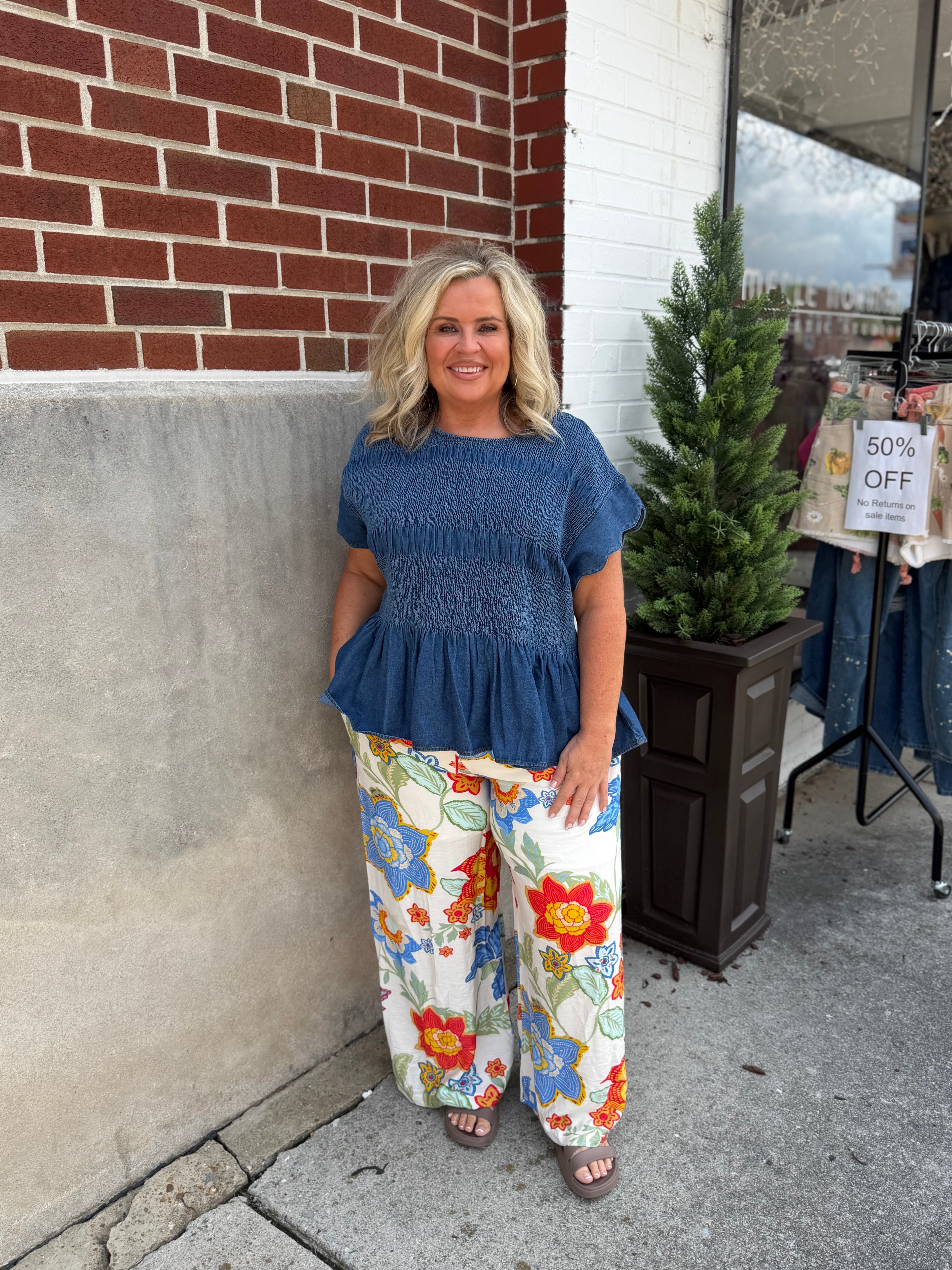 Curvy Chambray Smocked Top