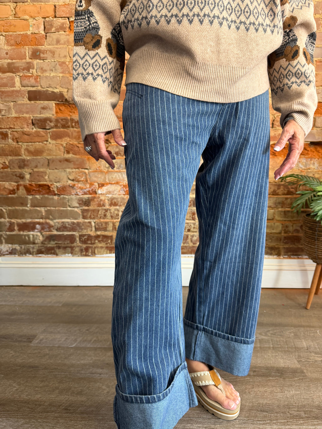 Denim Striped Barrel Leg Cuffed Pants