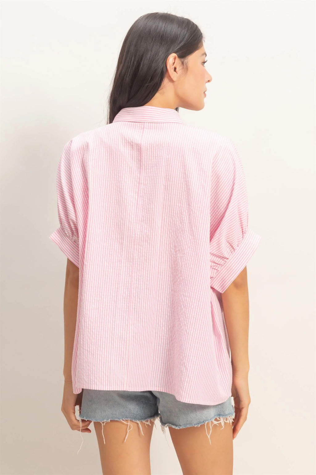 Pink Pinstripe Short Sleeve Button Up