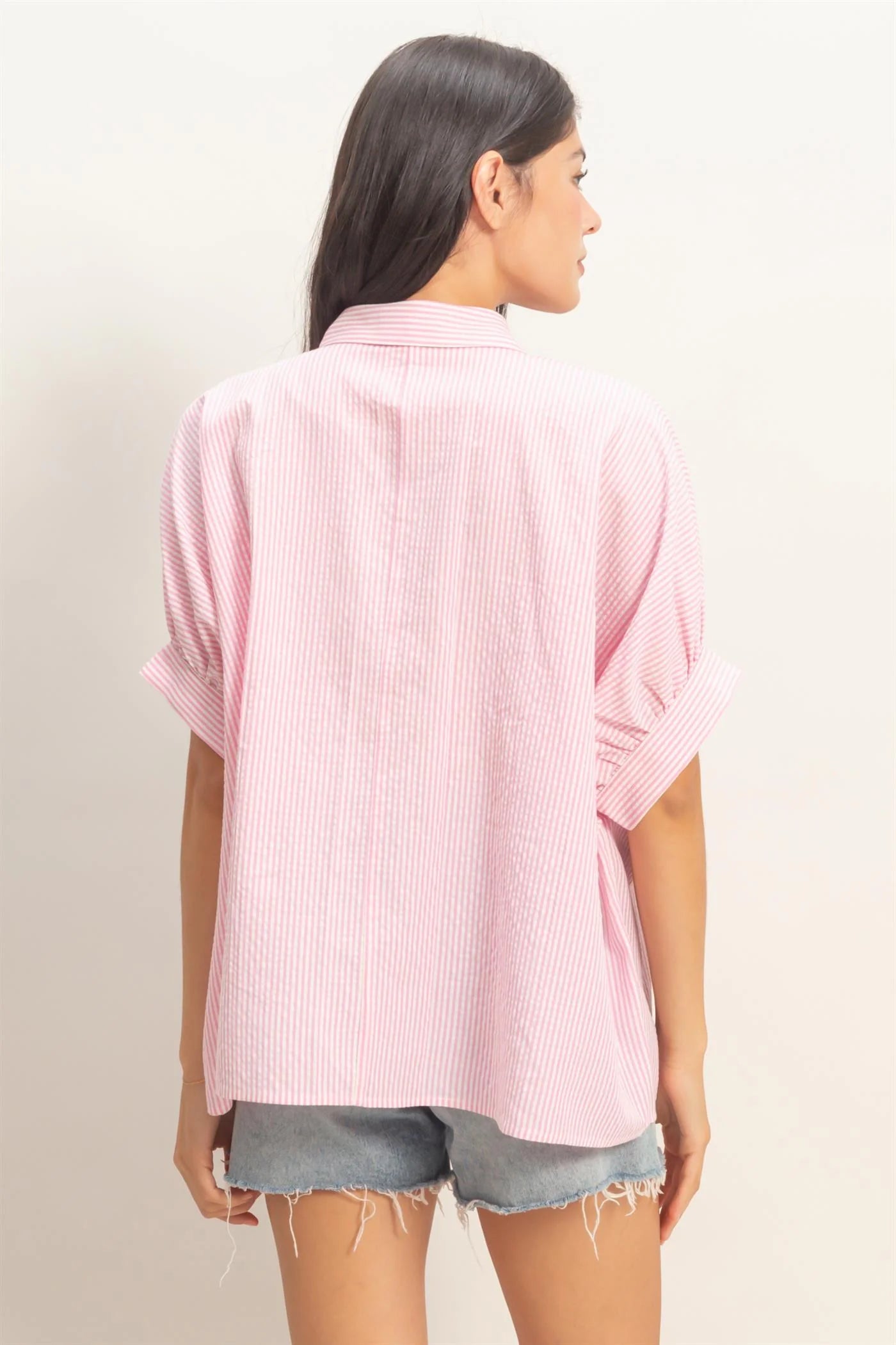 Pink Pinstripe Short Sleeve Button Up