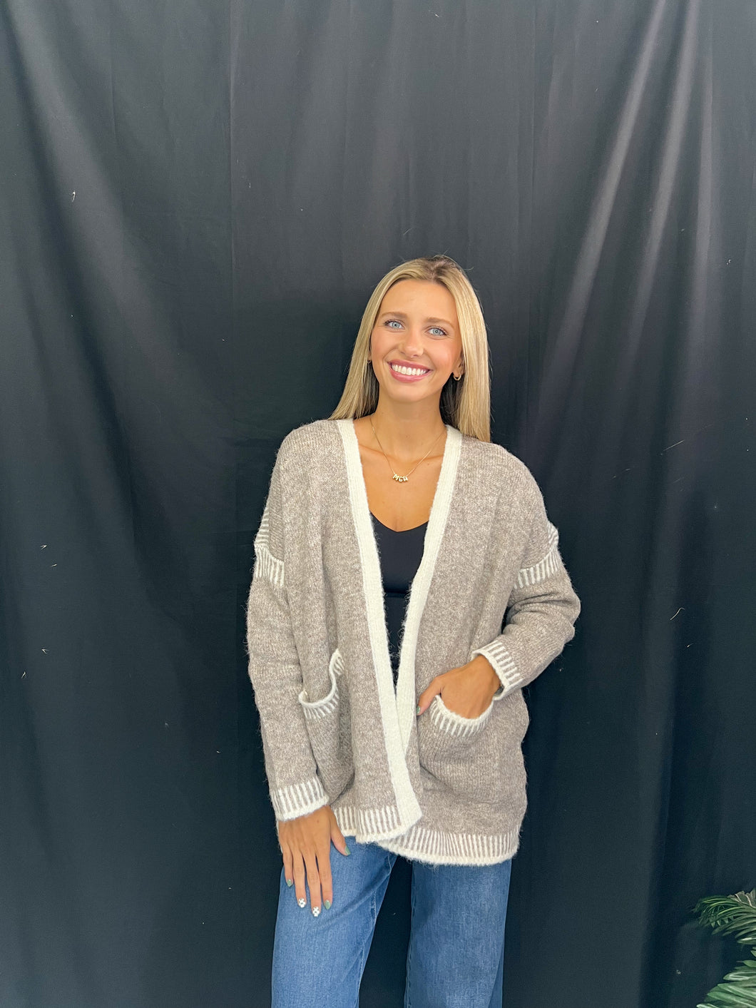 Khaki Cardigan w/Contrast Stitching