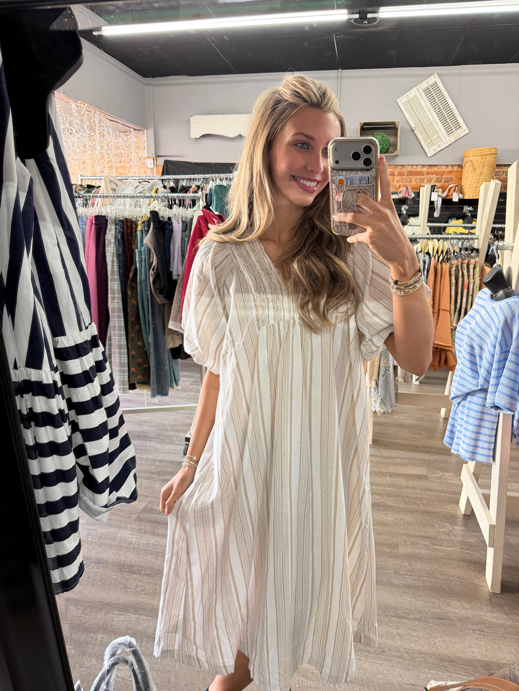 Khaki Striped Midi Dress