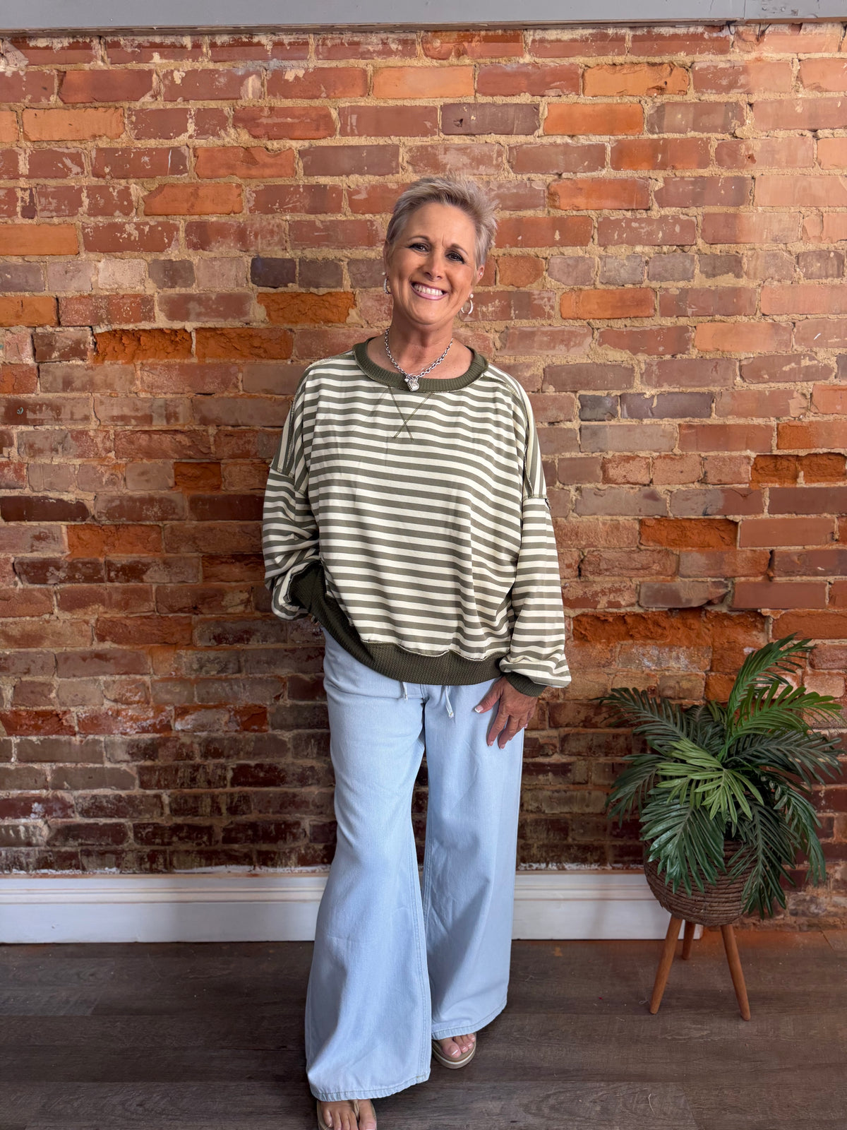 Cream/Olive Striped Crewneck