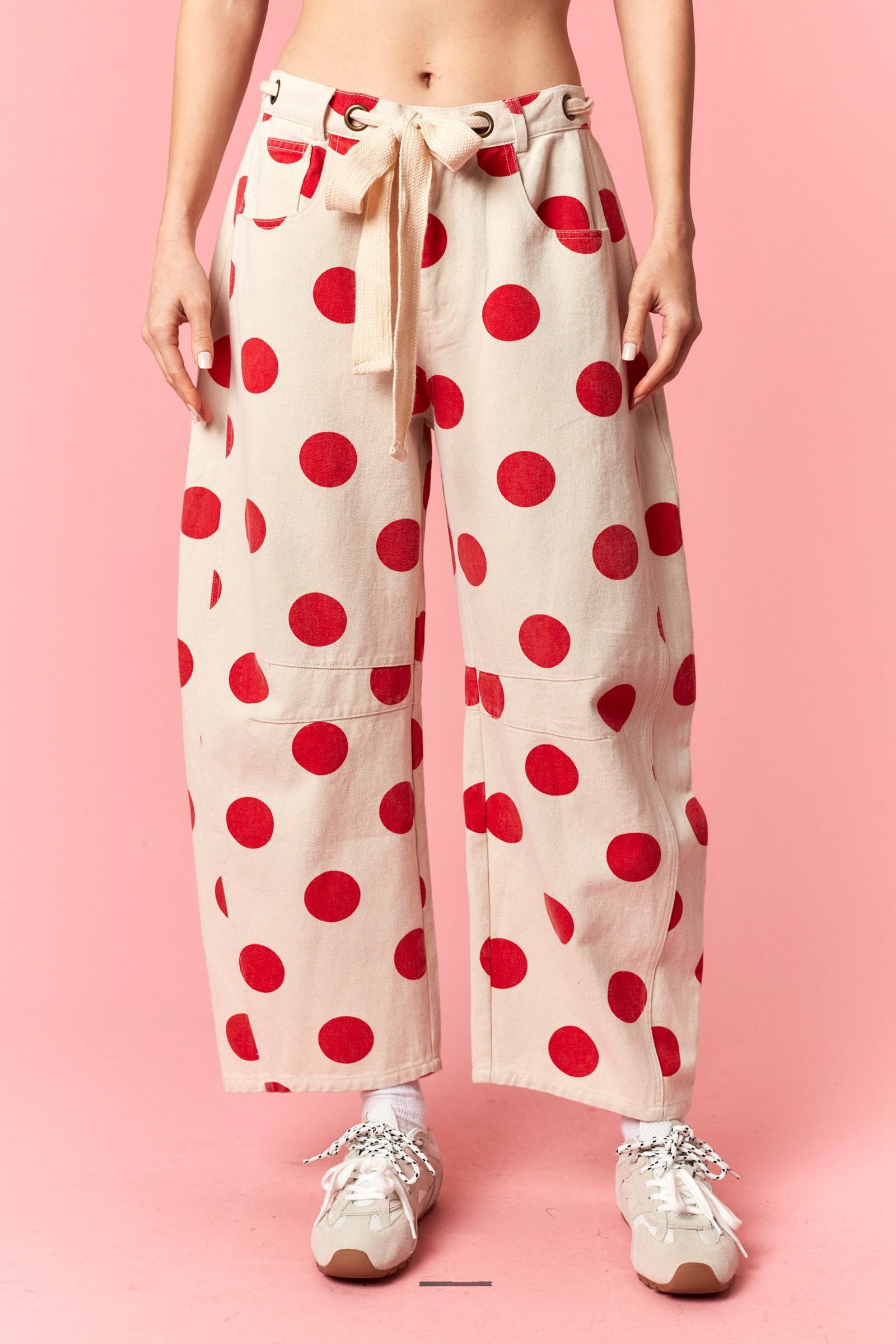 Off White Red Polka Dot Denim Barrel