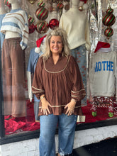 Load image into Gallery viewer, Curvy Brown Boho Peasant Top
