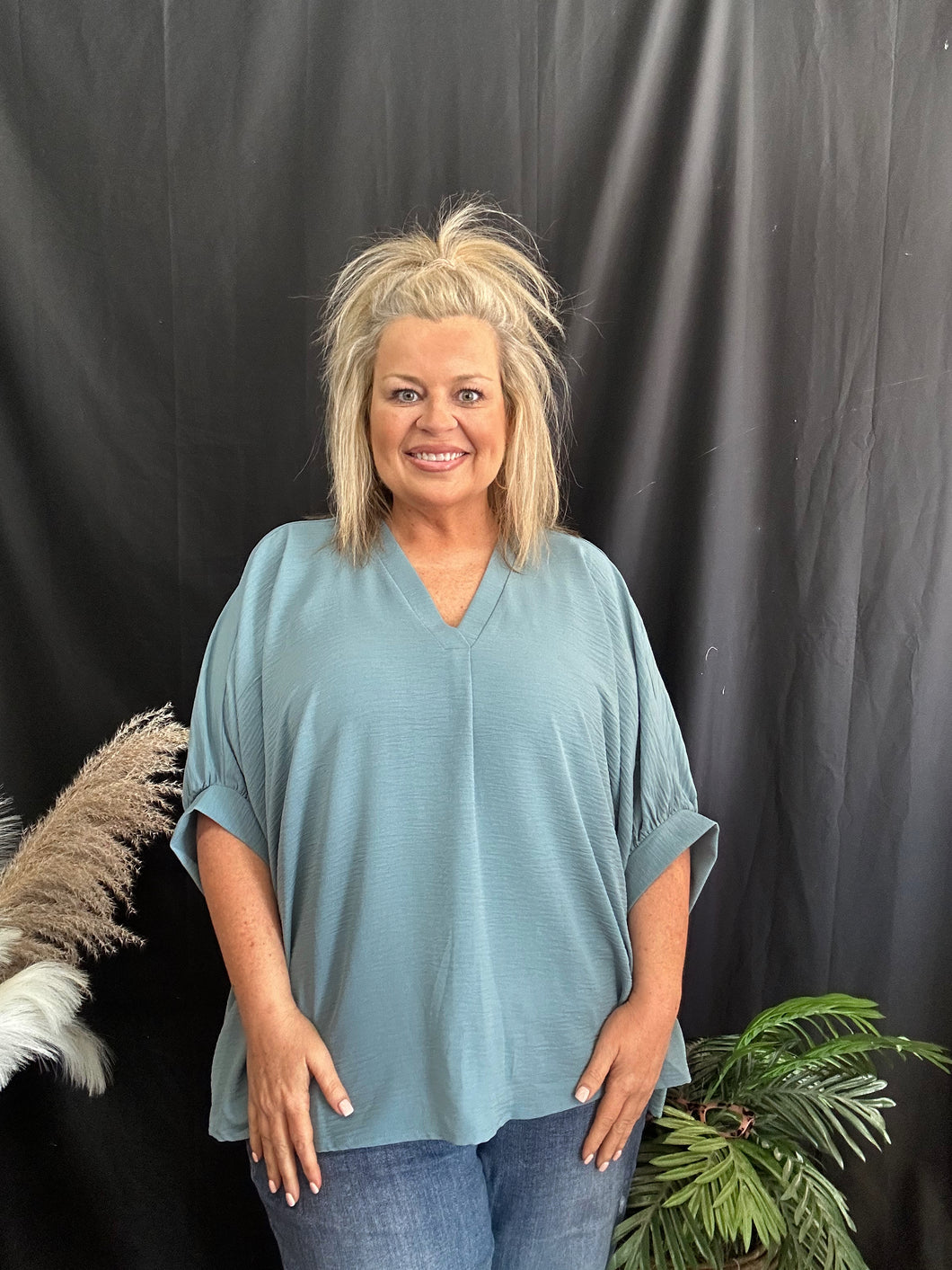Curvy Blue Grey Puff Sleeve Airflow Top