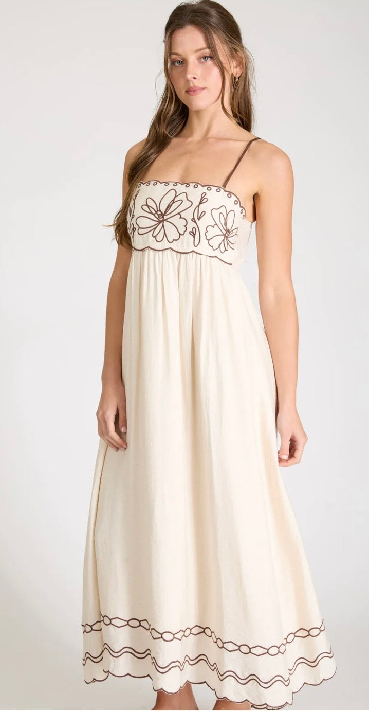 Brown Floral Embroidered Midi