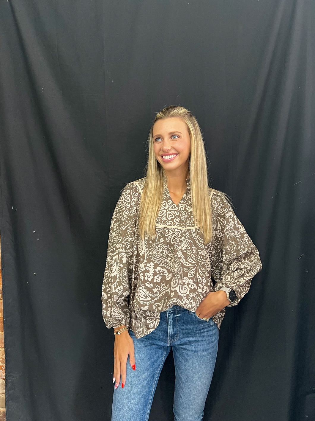 Brown Abstract Print Textured Fabric Top