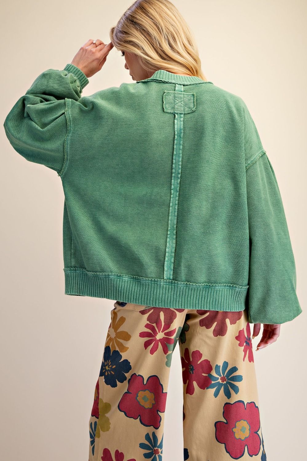 Green Button Down Washed Terry Jacket
