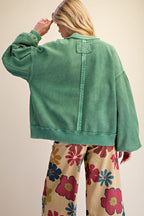 Green Button Down Washed Terry Jacket