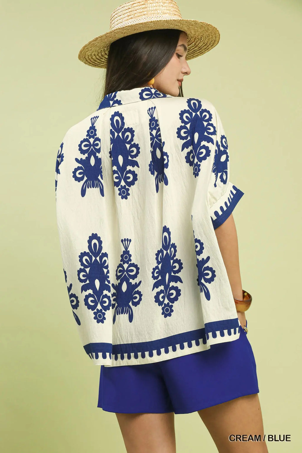 Cream/Blue Abstract Top