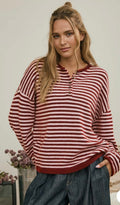 Red Stripe Henley Sweater Pullover