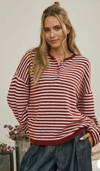 Red Stripe Henley Sweater Pullover