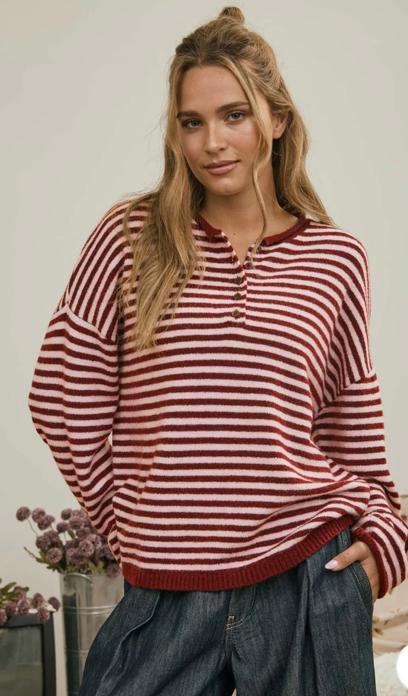 Red Stripe Henley Sweater Pullover