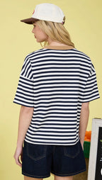 Navy STRIPE COLORBLOCK DETAIL SHORT SLEEVE KNIT T-SHIRT