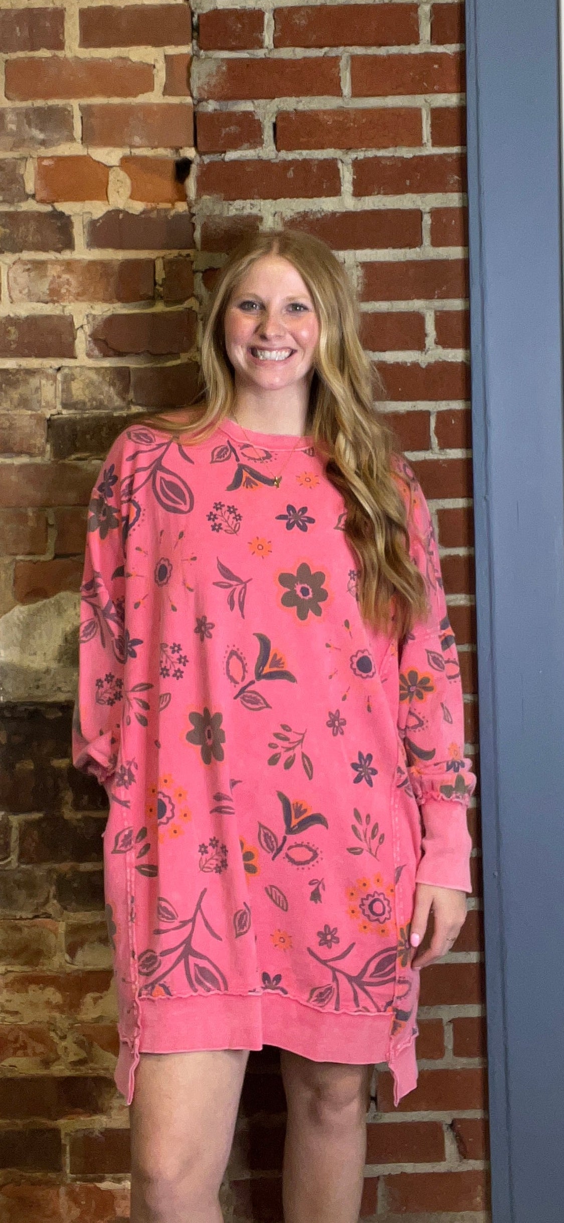 Candy Pink Flower Printed Terry Knit Dress