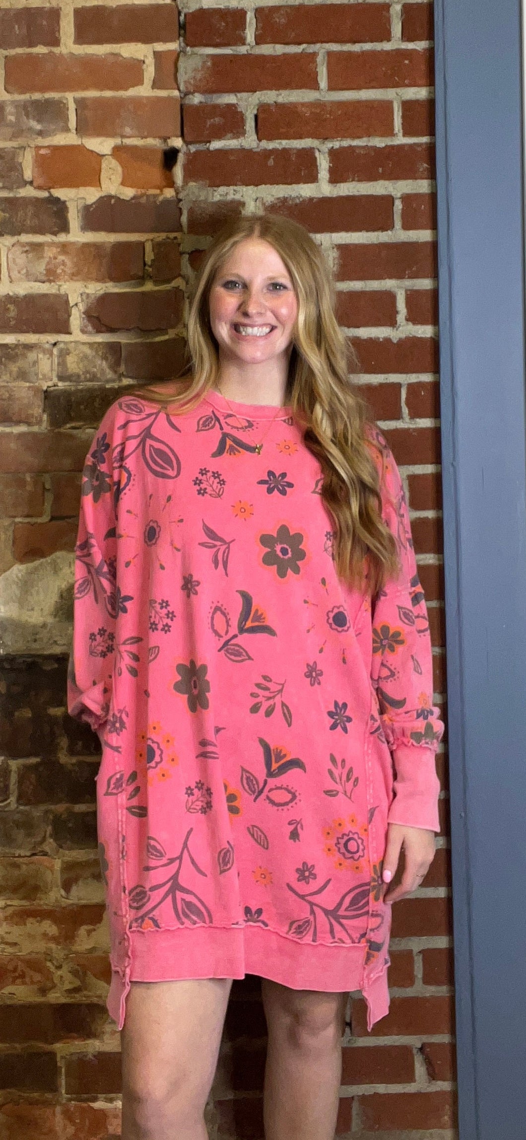 Candy Pink Flower Printed Terry Knit Dress