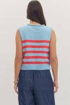 Blue Striped Sleeveless Knit Top
