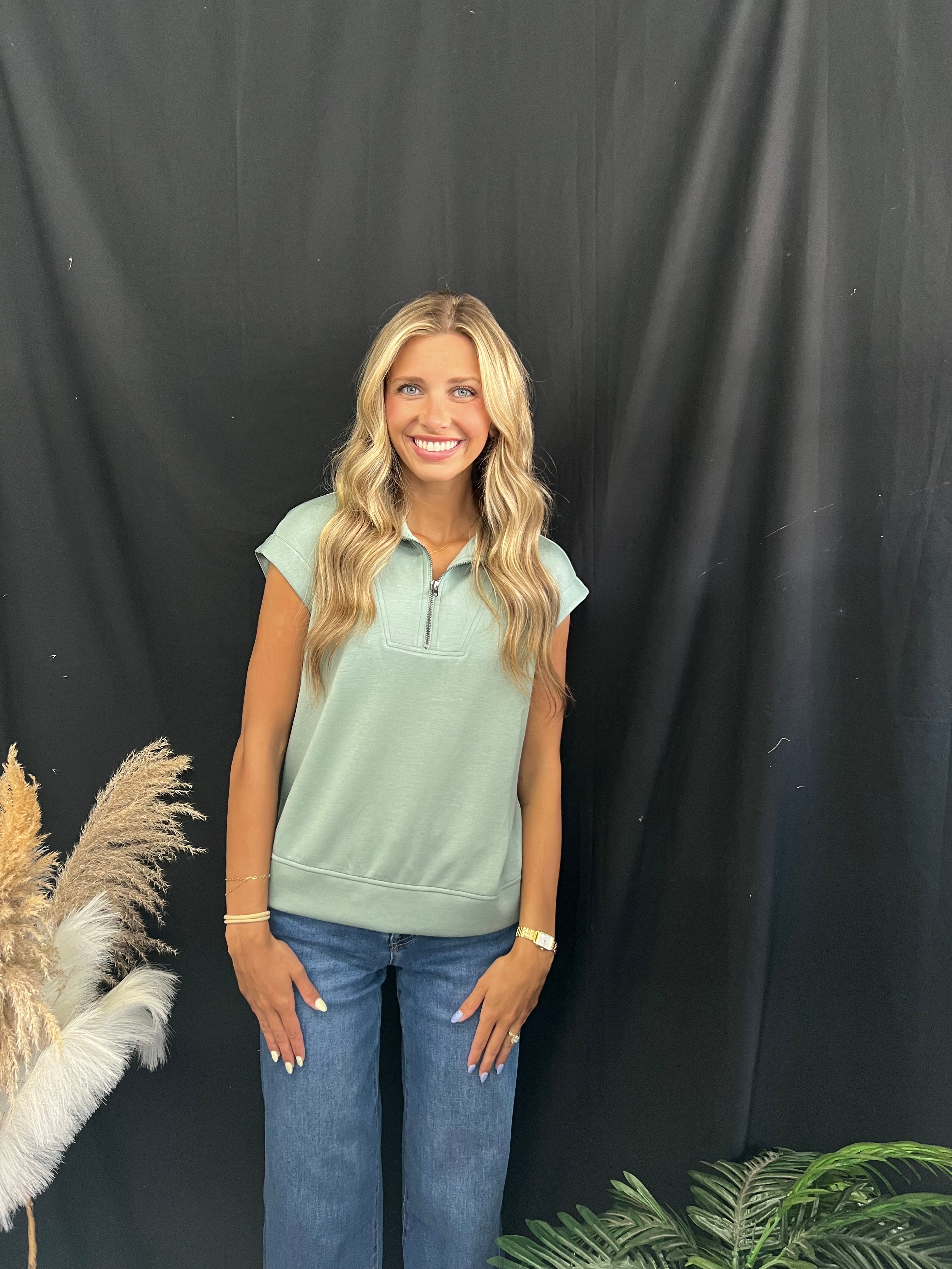 Sage Green Half Zip Sleeveless Top