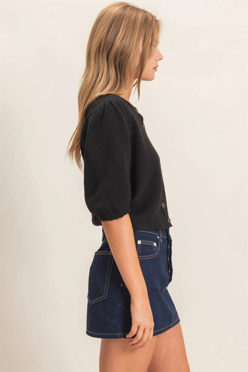 Black Puff Sleeve Button Sweater