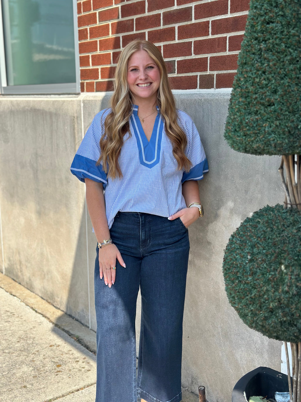 Blue Striped VNeck Top