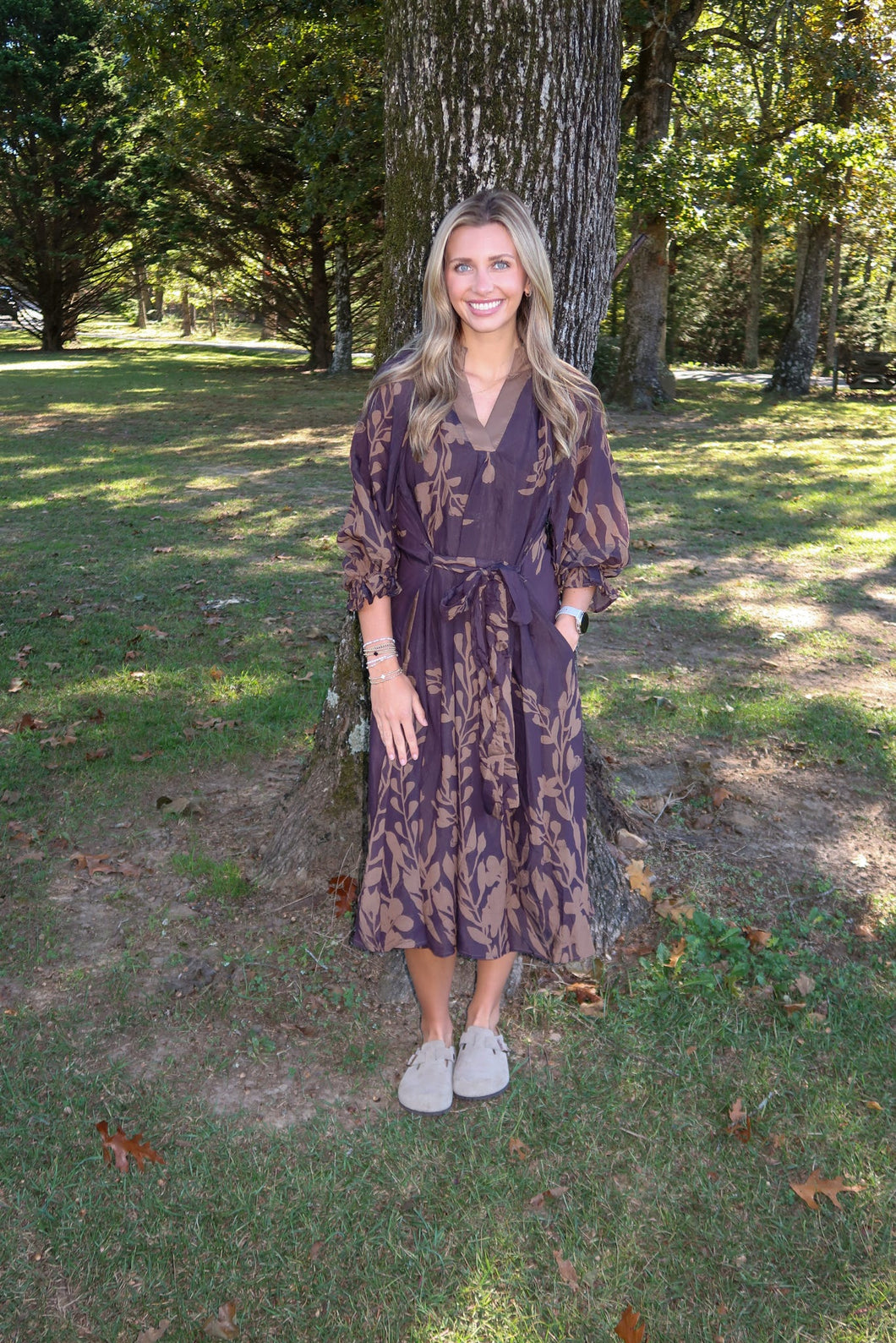 Brown Eucalyptus Print Maxi Dress