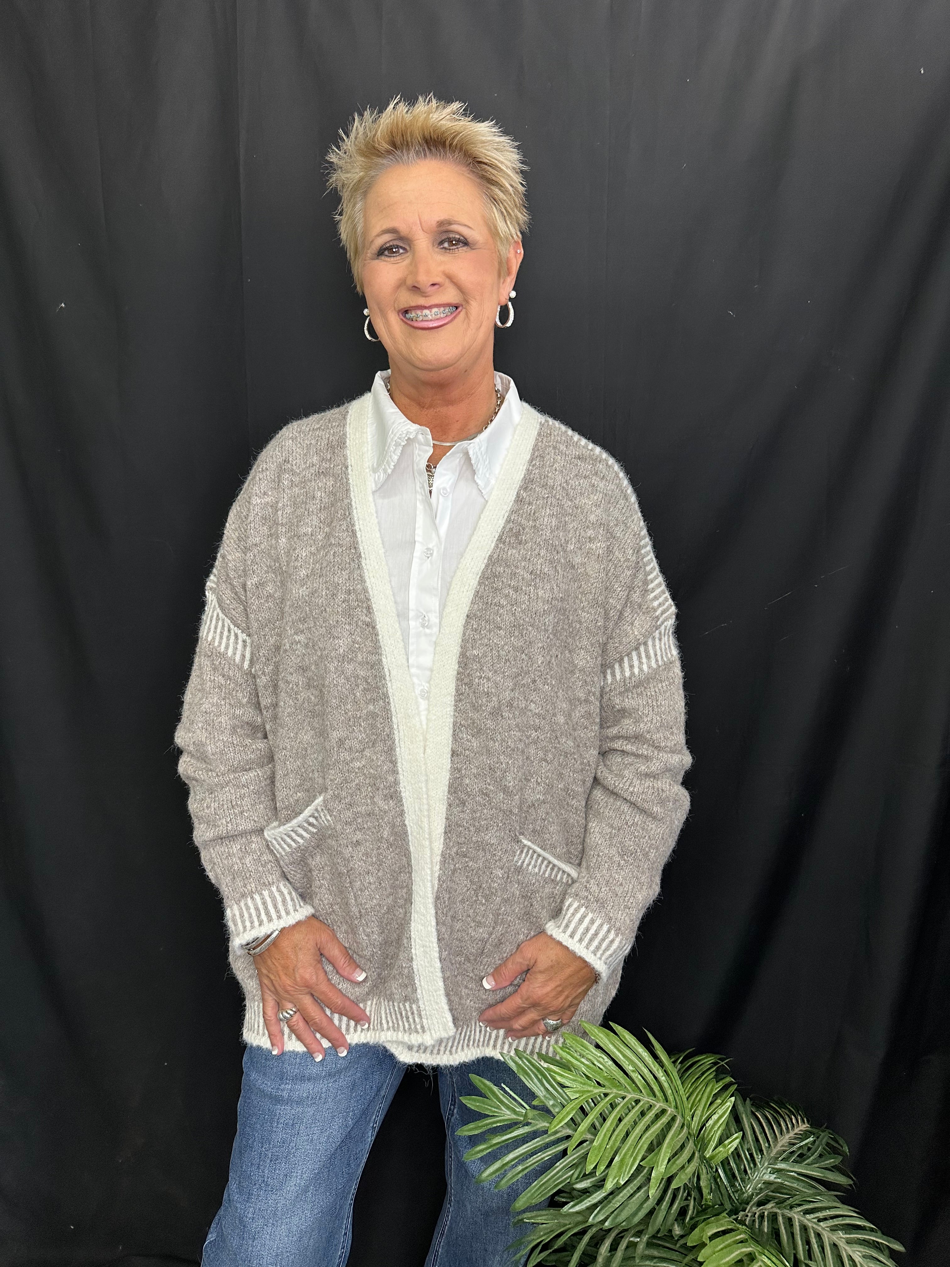 Khaki Cardigan w/Contrast Stitching
