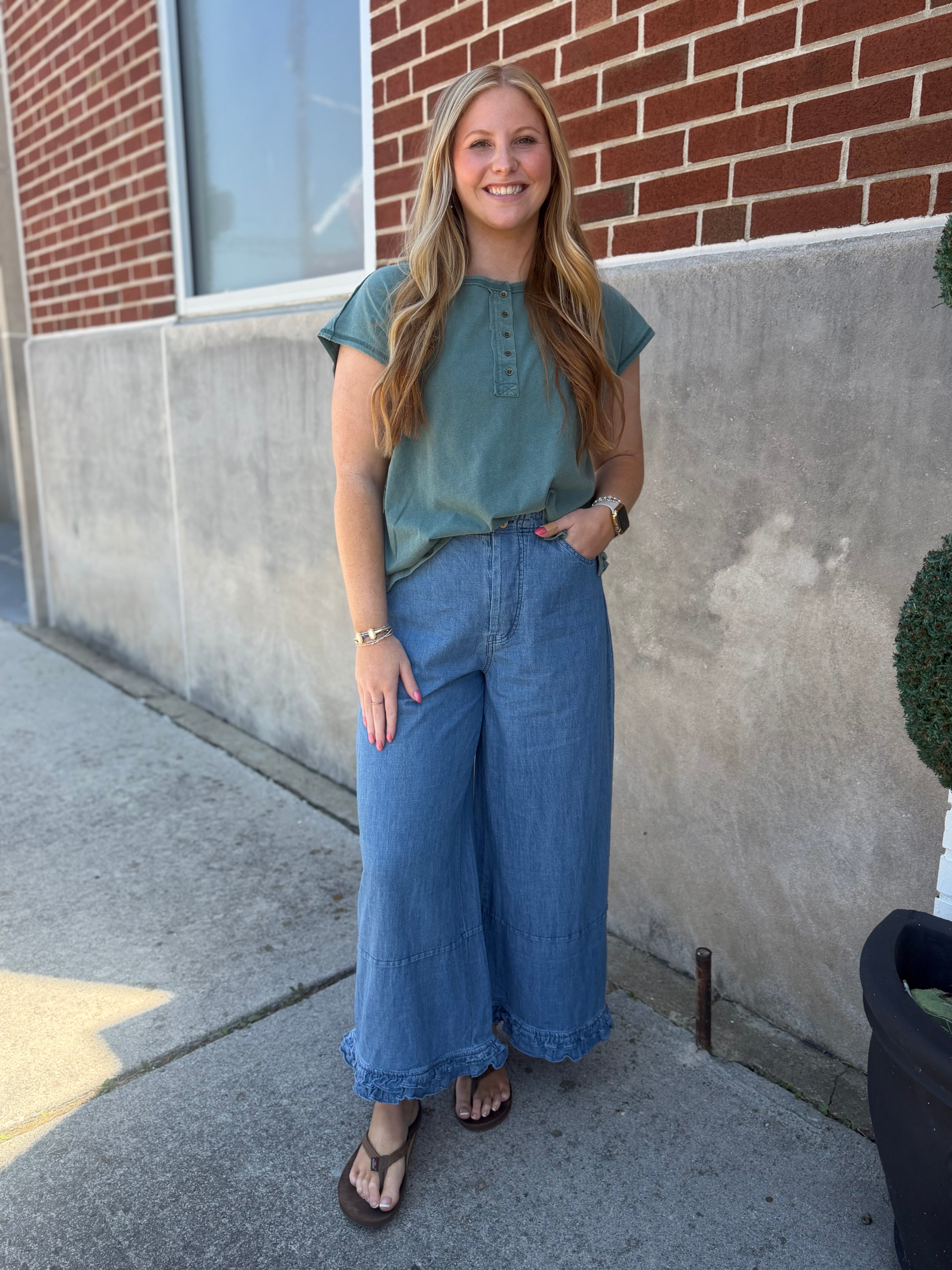 Denim Pants with Ruffle Hem