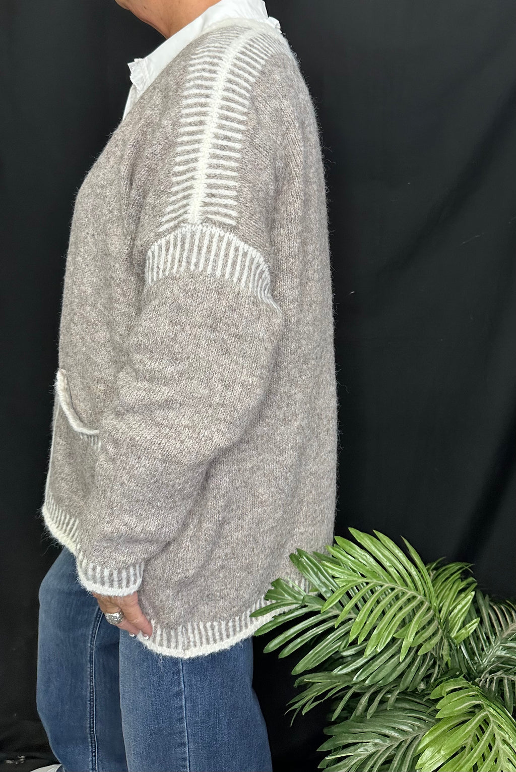 Khaki Cardigan w/Contrast Stitching