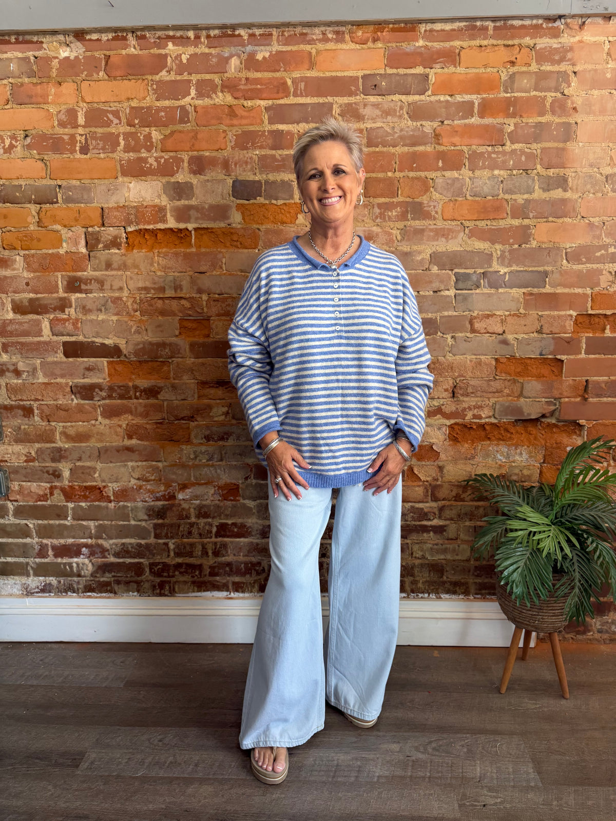 Blue Stripe Henley Sweater Pullover