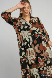 Rust Floral Midi Dress
