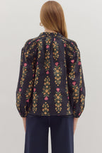 Navy  Longsleeve Split Neck Tassel Tie Closure