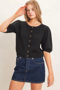 Black Puff Sleeve Button Sweater