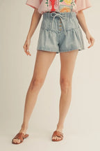 Denim Pintuck Flare Shorts