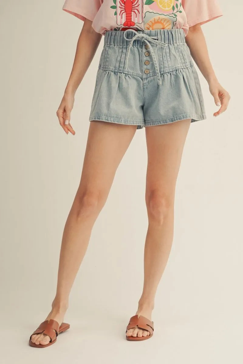 Denim Pintuck Flare Shorts