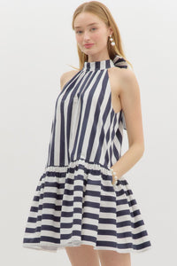 Navy Striped Halter Neck Dress