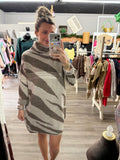 Zebra Print Turtleneck Sweater Dress