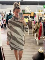 Zebra Print Turtleneck Sweater Dress