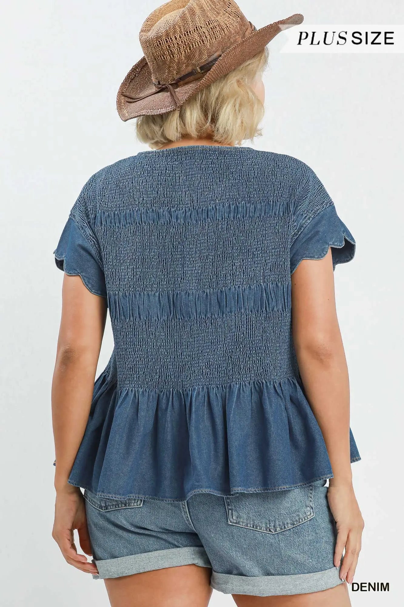 Curvy Chambray Smocked Top