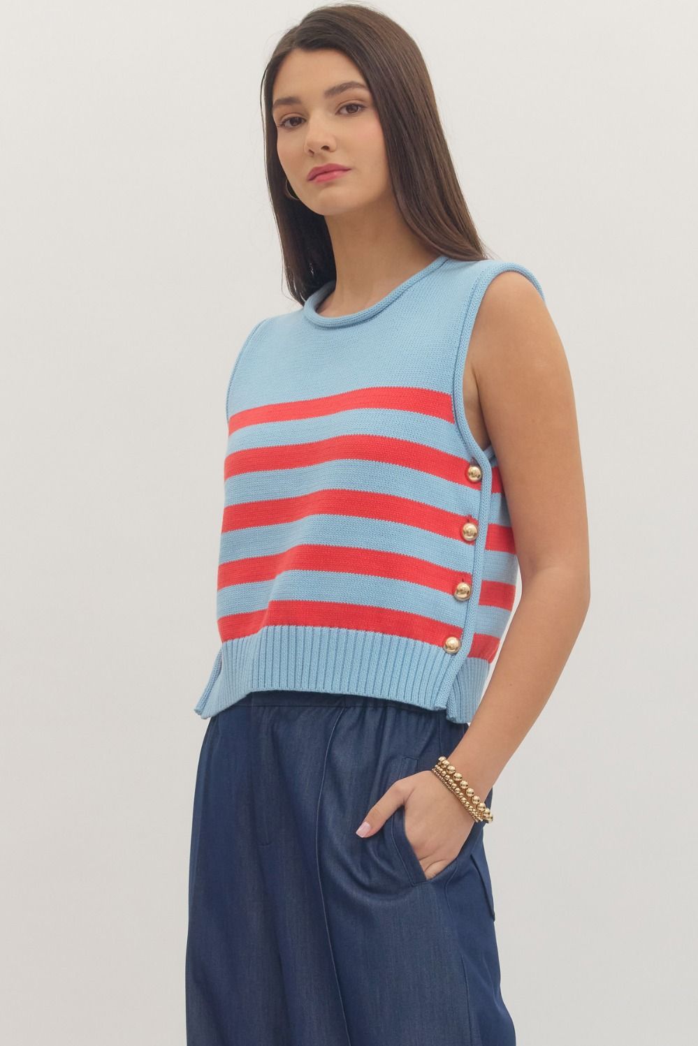 Blue Striped Sleeveless Knit Top