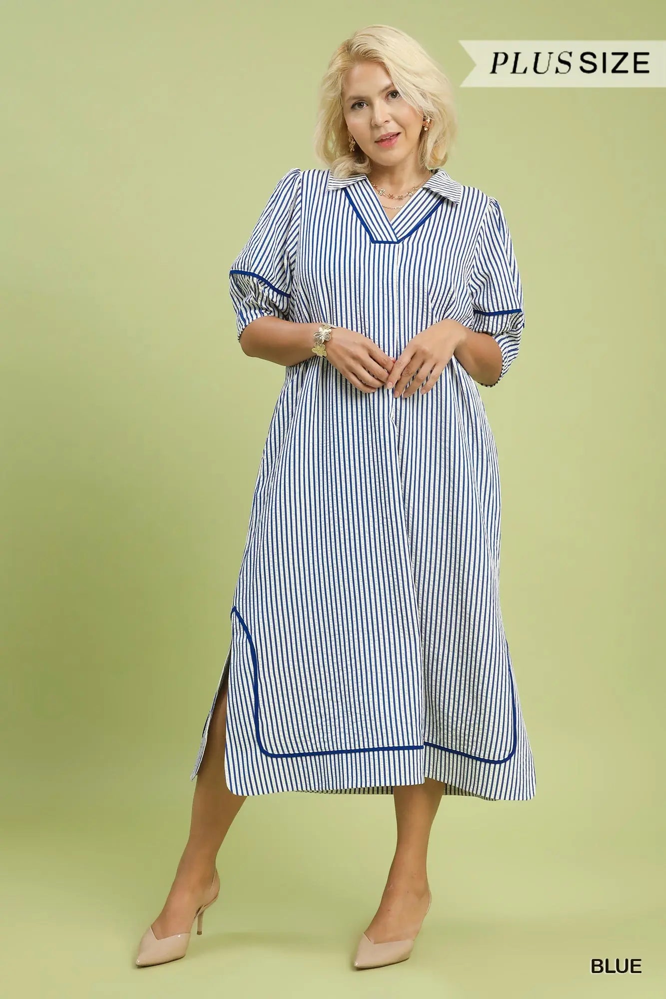 Curvy Navy Striped Midi Dress with Puff Sleeves