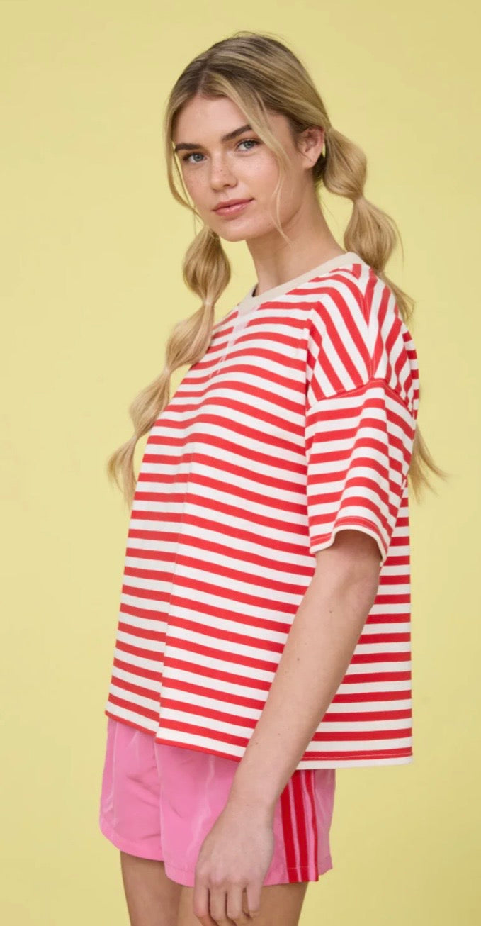 Red STRIPE COLORBLOCK DETAIL SHORT SLEEVE KNIT T-SHIRT