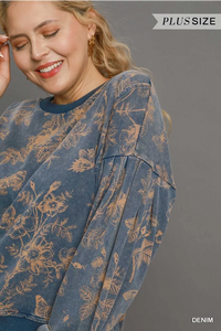 Curvy Denim Color Floral Sweatshirt