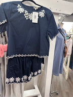 Navy Floral Embroidered Shorts Set