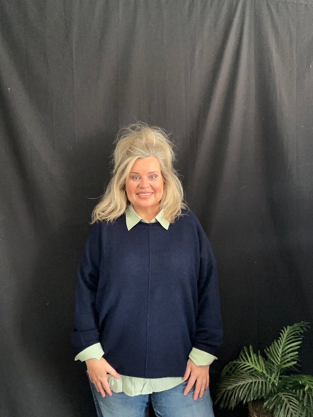 Curvy Front Seam Knit Sweater—Navy
