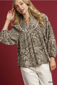 Brown Abstract Print Textured Fabric Top