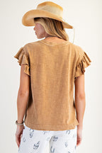 Lt Camel Mineral Washed Ruffle Sleeve Top