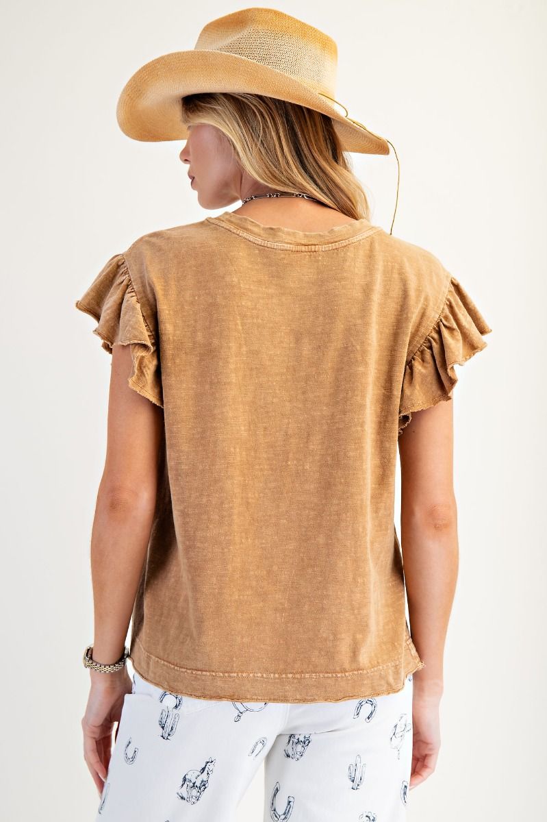 Lt Camel Mineral Washed Ruffle Sleeve Top