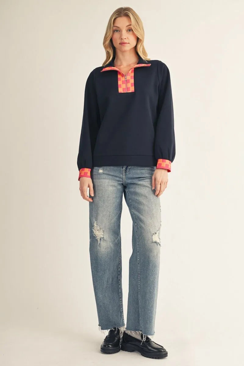 Navy Geo Pattern Zip Sweatshirt
