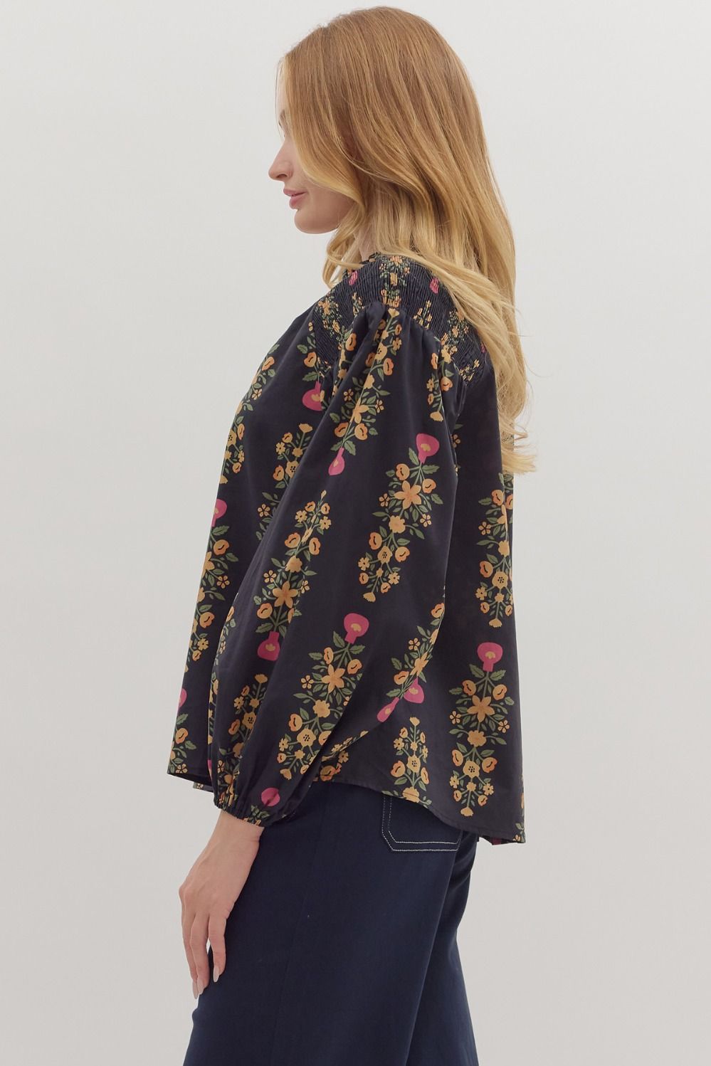 Navy  Longsleeve Split Neck Tassel Tie Closure